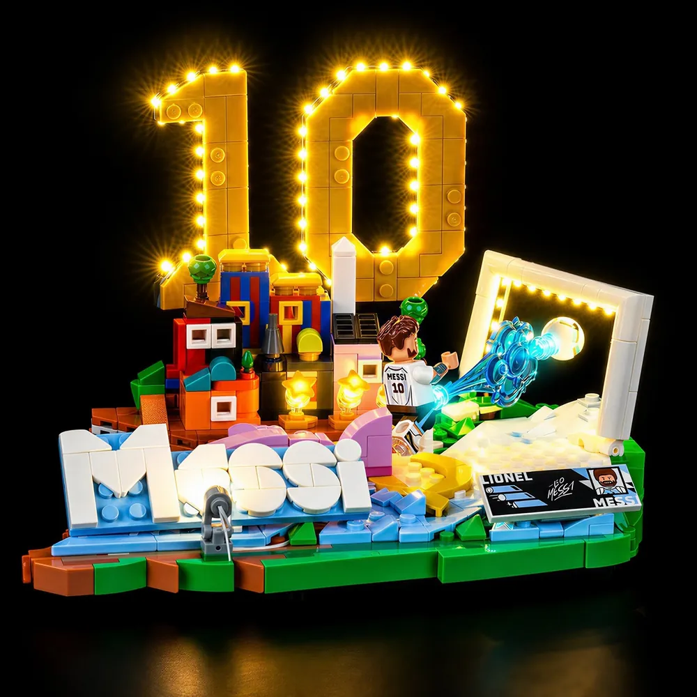 BrickBling LED kit for LEGO Lionel Messi 43011 illuminating the player and soccer ball