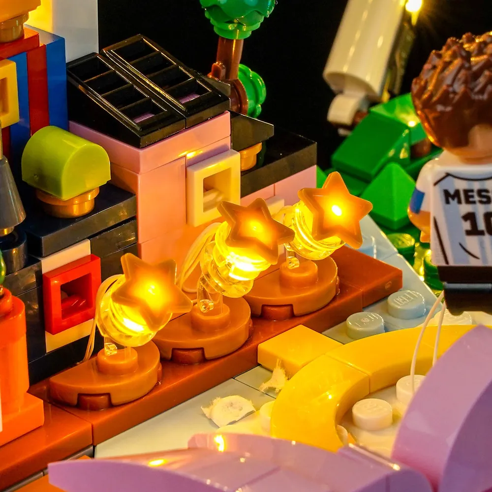 Close-up of BrickBling's micro-LEDs on the LEGO Messi soccer set