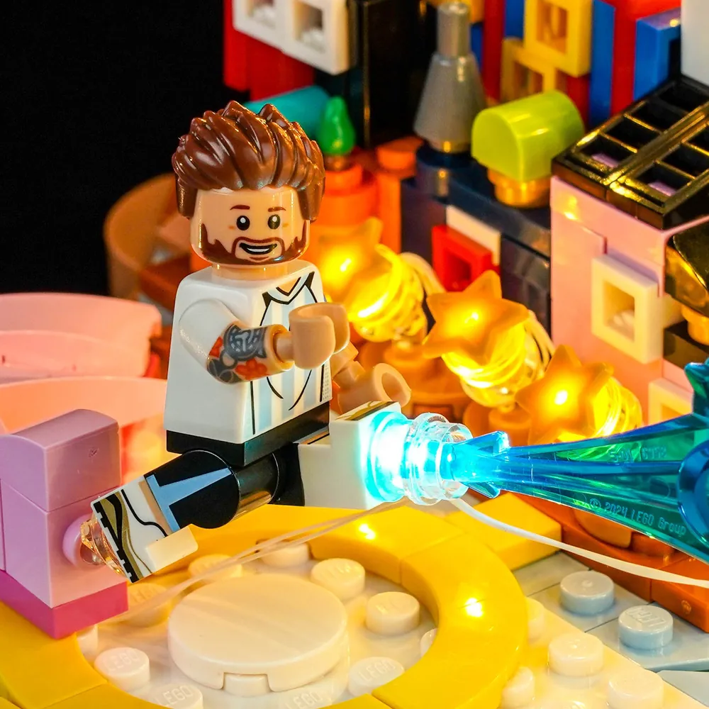 BrickBling lit display of LEGO Lionel Messi Soccer Highlights