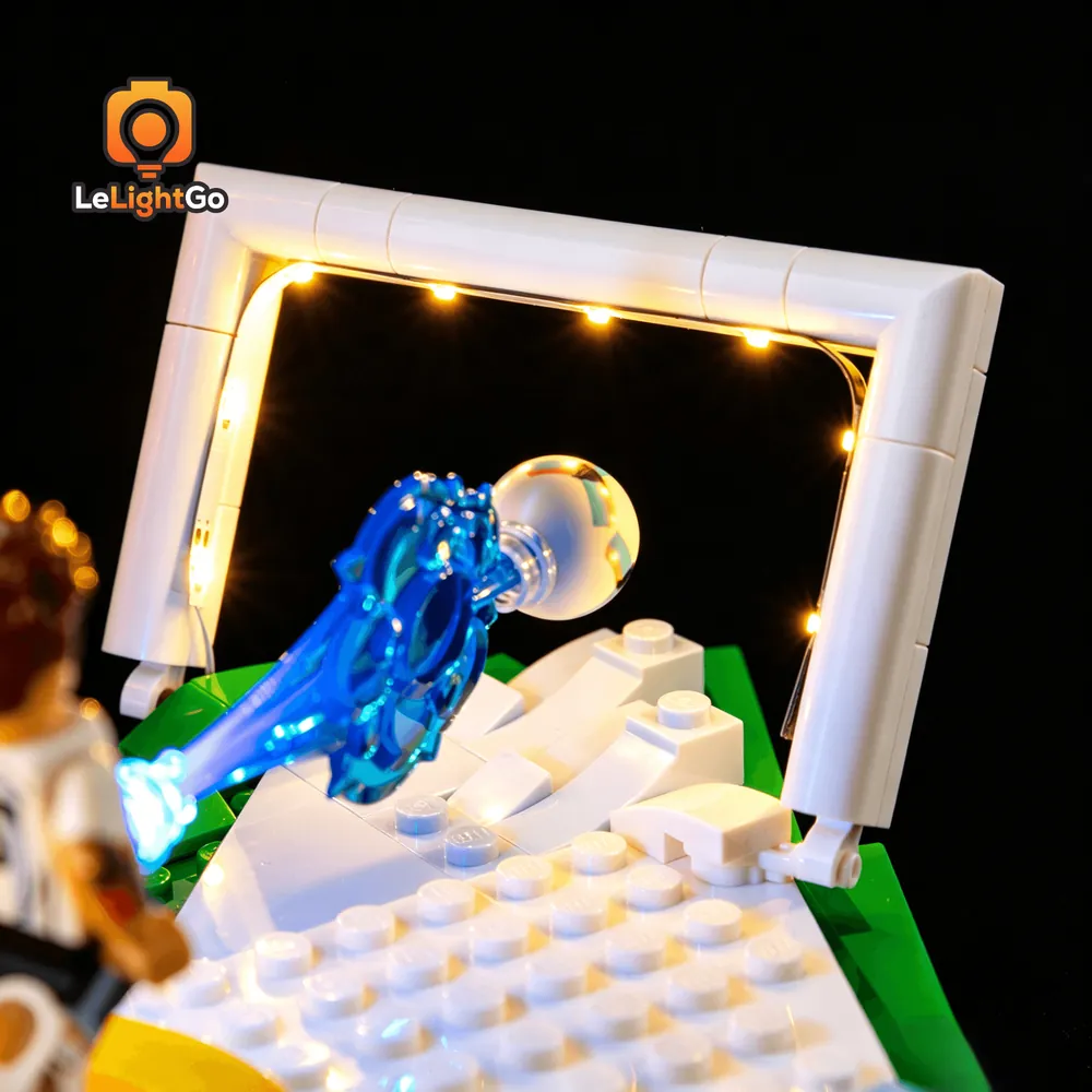 Close-up of Lightailing micro-LED components on the LEGO Messi set