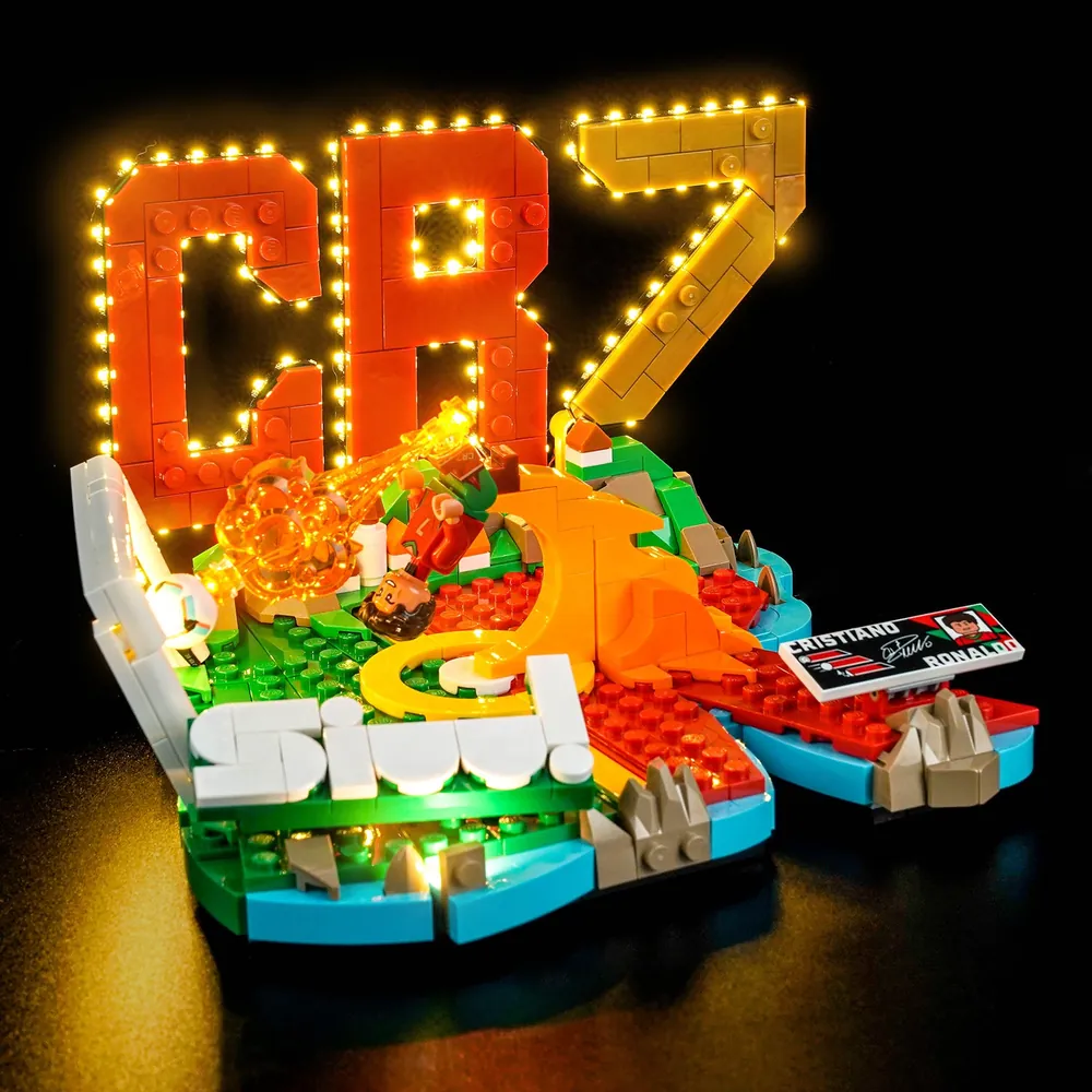 BrickBling LED kit for LEGO 43012 Cristiano Ronaldo highlighting the action pose with micro-wires