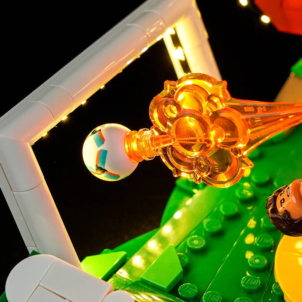LEGO 43012 with BrickBling lights illuminating the pitch base