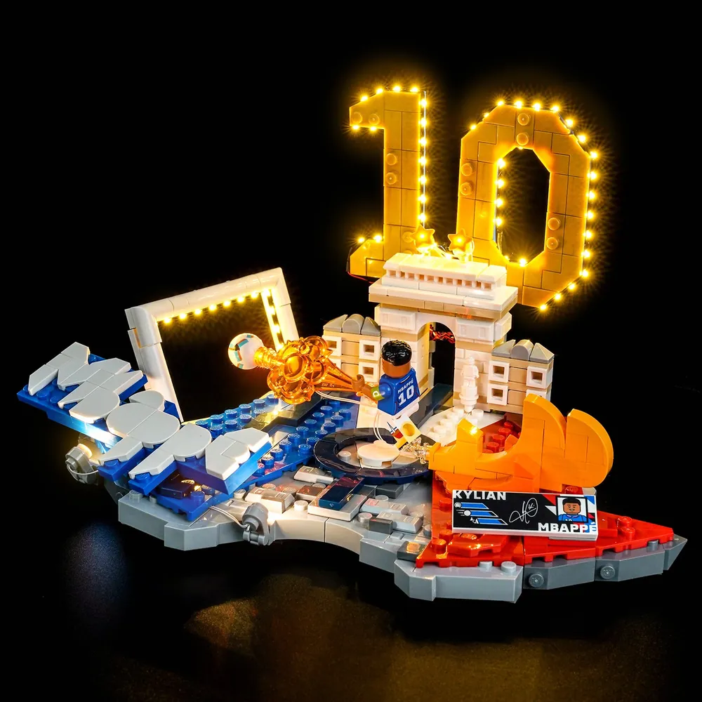 BrickBling LED kit for LEGO Mbappé set highlighting the player and ball