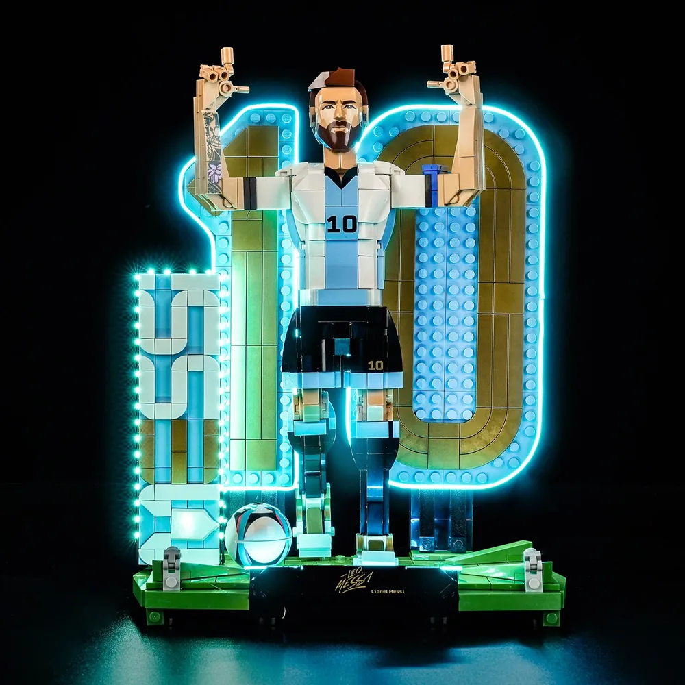 BrickBling LED kit for LEGO Lionel Messi 43015 close-up of modular micro-LEDs on the soccer pitch