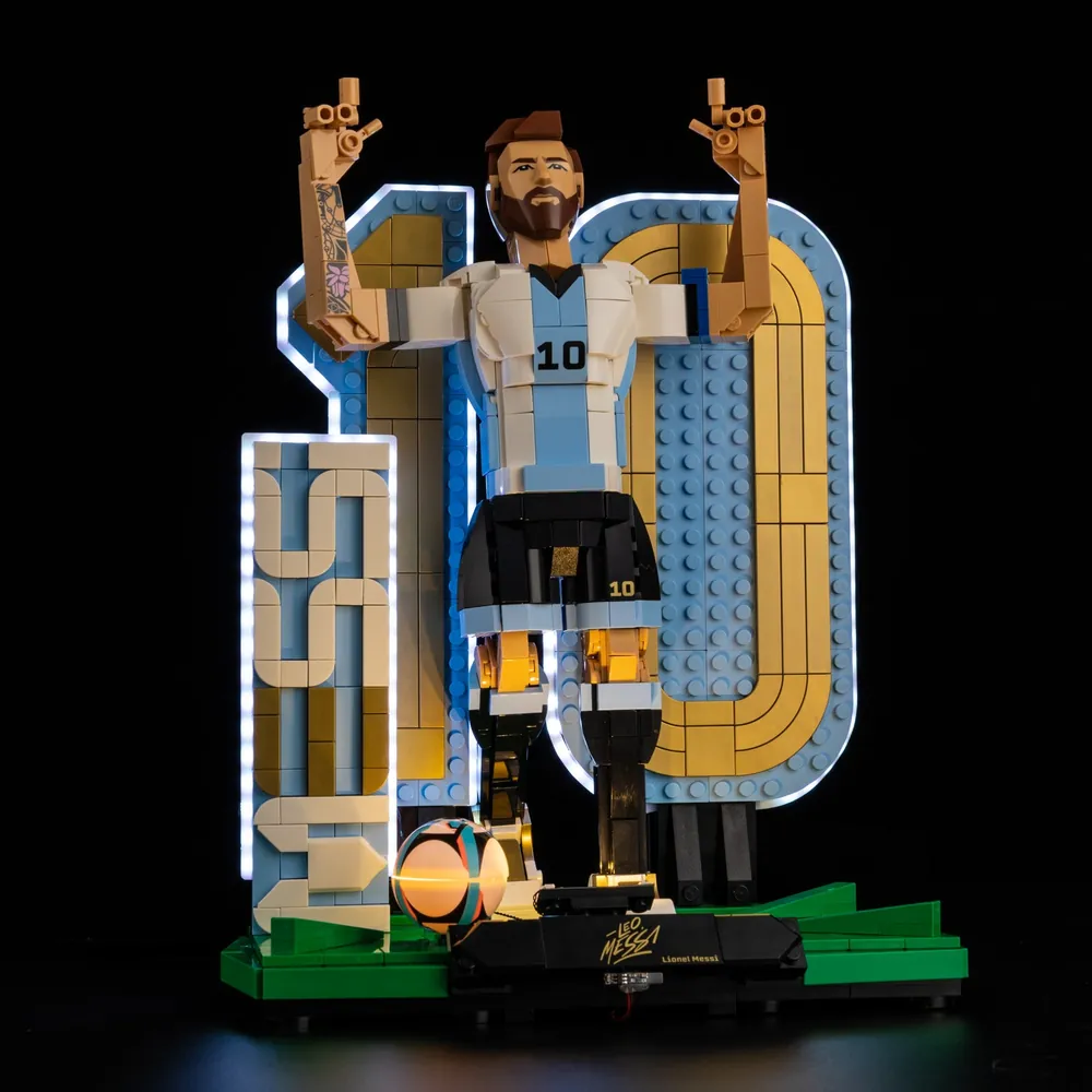 Game of Bricks LED kit for LEGO Lionel Messi 43015 with expansion boards visibly connecting lights