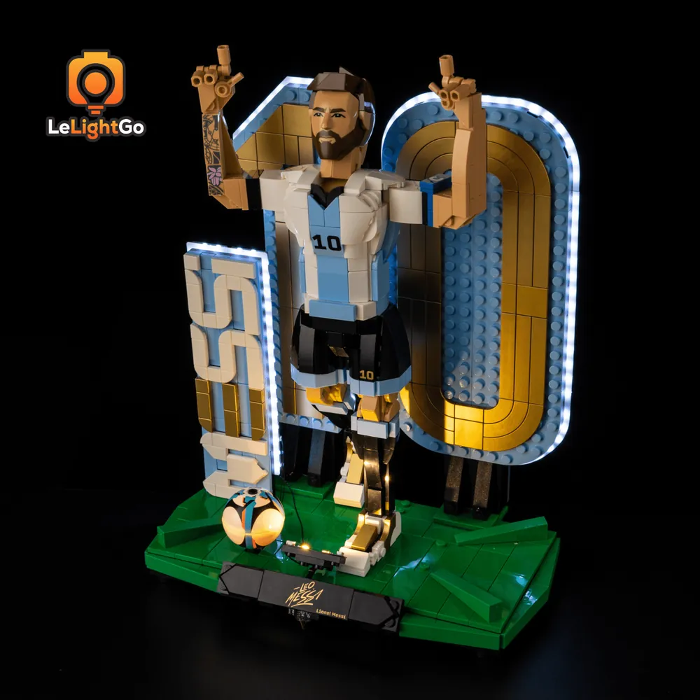 LeLightGo LED kit for LEGO Lionel Messi 43015 showing modular micro-LEDs on the figure