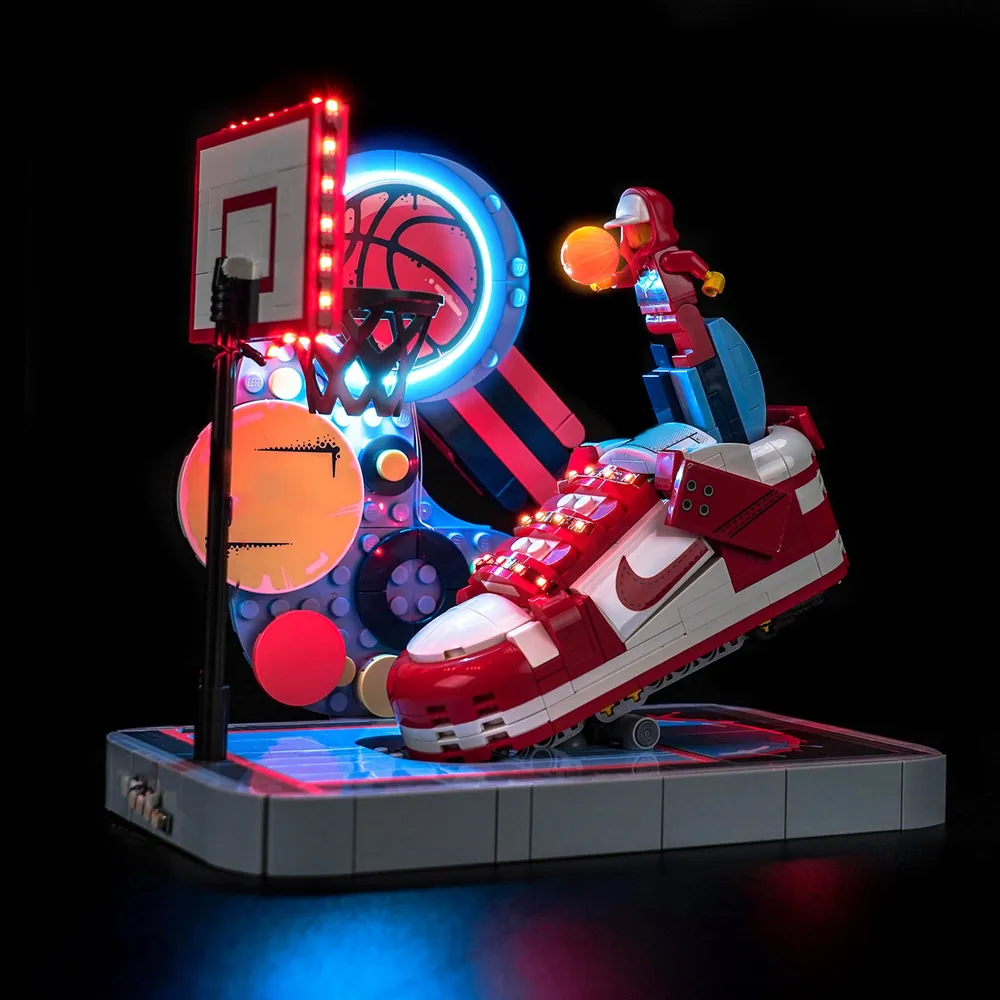 BrickBling LED kit for LEGO Nike Dunk Trickshot 43021 with micro-LEDs illuminating shoe