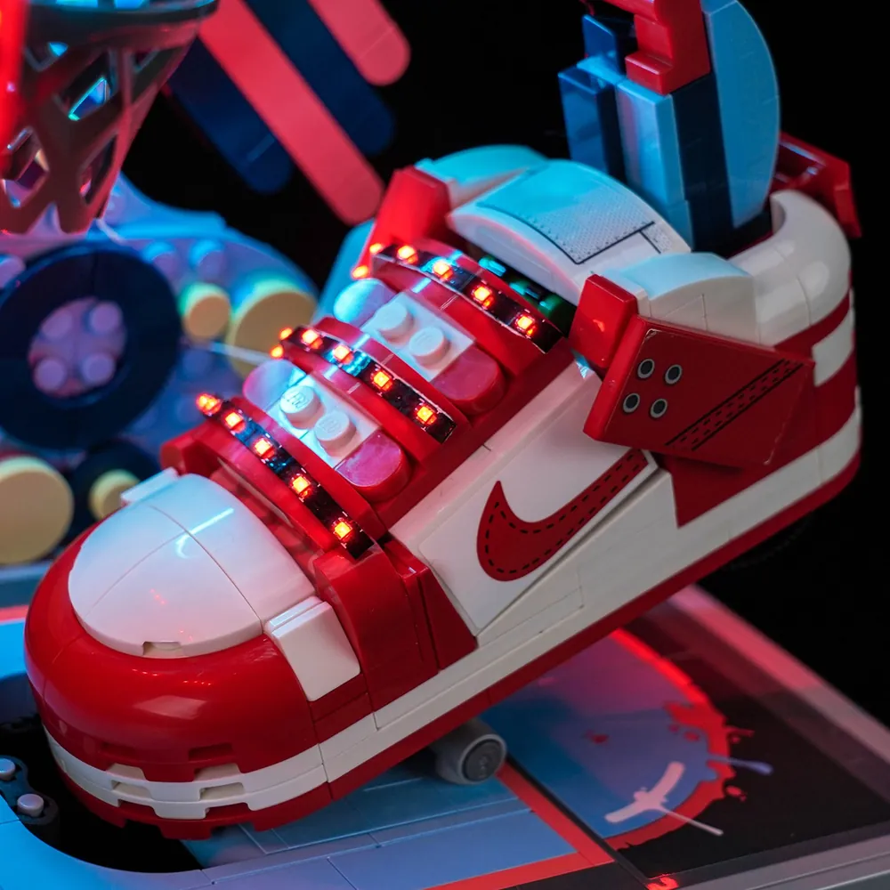 Close-up of BrickBling modular micro-LEDs on LEGO Nike Dunk Trickshot set