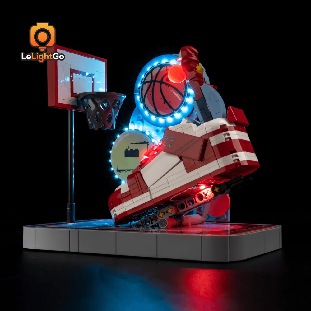LEGO Nike Dunk Trickshot with LeLightGo lighting in a display case