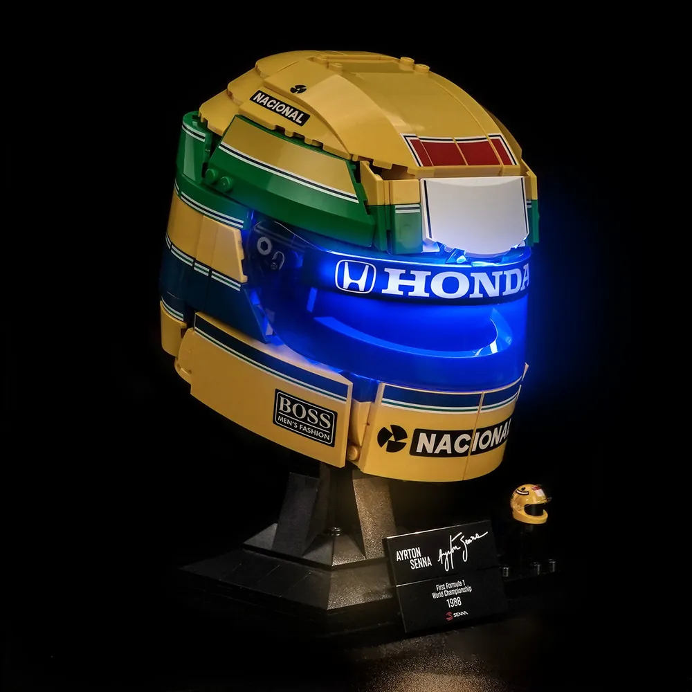 BrickBling LED kit for LEGO Senna Helmet 43024 illuminating the iconic yellow, green, and blue stripes