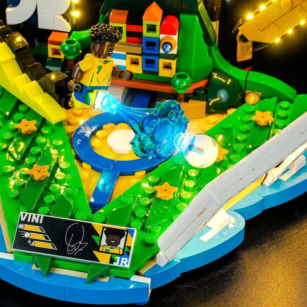 Close-up of BrickBling micro-LED wiring on LEGO soccer player silhouette