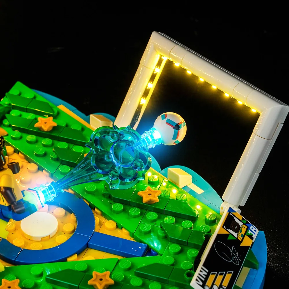 LEGO Vini Jr. 43027 with BrickBling kit illuminating the stadium backdrop