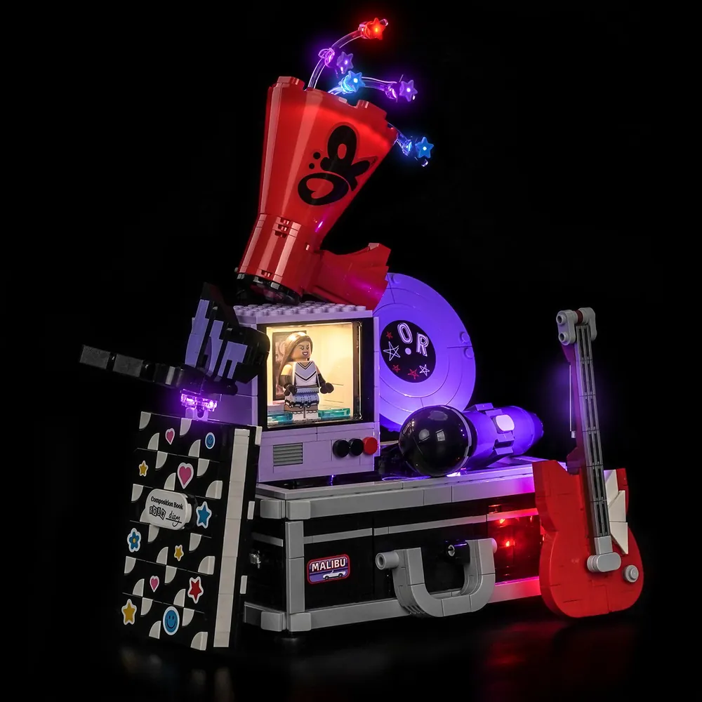 BrickBling LED kit for LEGO Olivia Rodrigo Secret Storage highlighting the guitar and megaphone