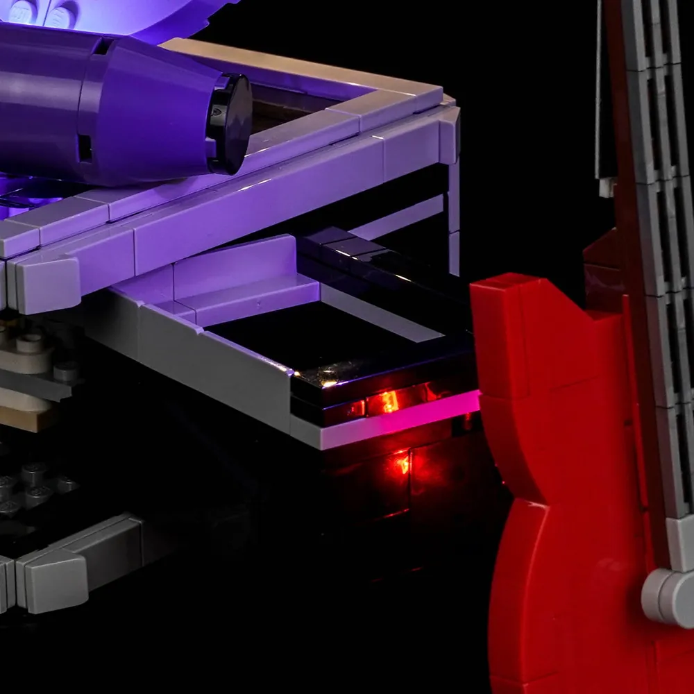Close-up of BrickBling micro-LEDs on the touring case of LEGO 43030