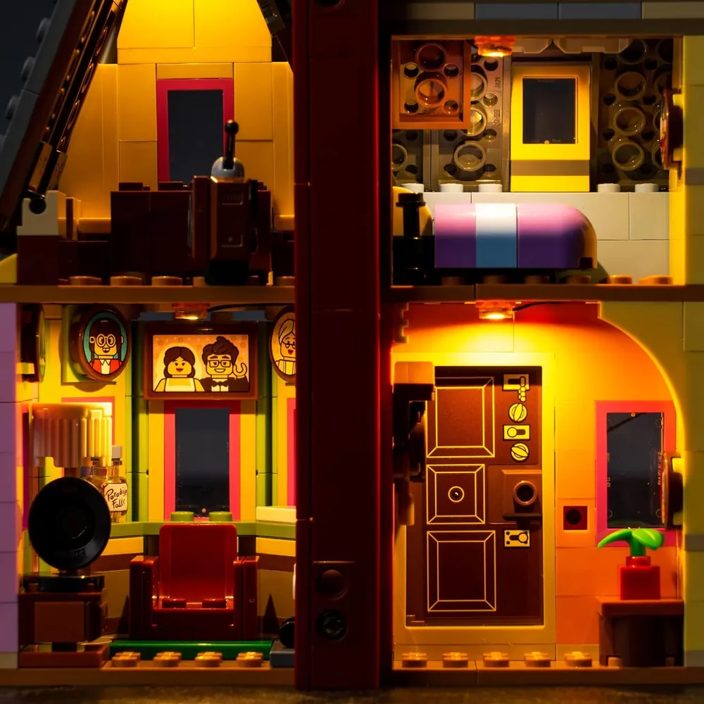 Close-up of BrickBling modular micro-LEDs concealed in LEGO Up House roof