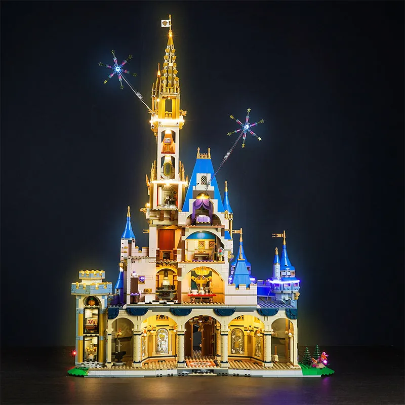 BrickBling LED kit for LEGO Disney Castle 43222 showcasing modular micro-LEDs and optional cherry blossom decorations