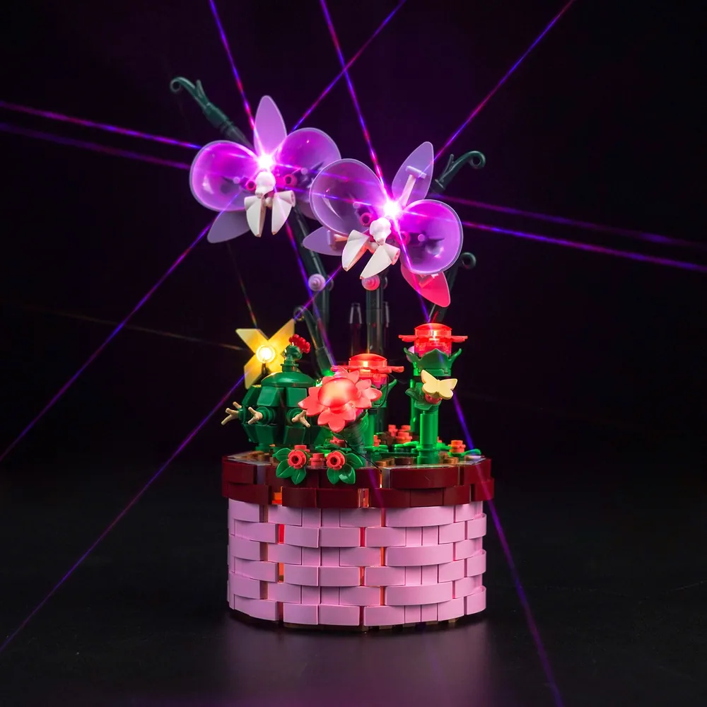 BrickBling LED kit lighting LEGO Isabela's Flowerpot 43237 with micro-LEDs illuminating orchids and interior