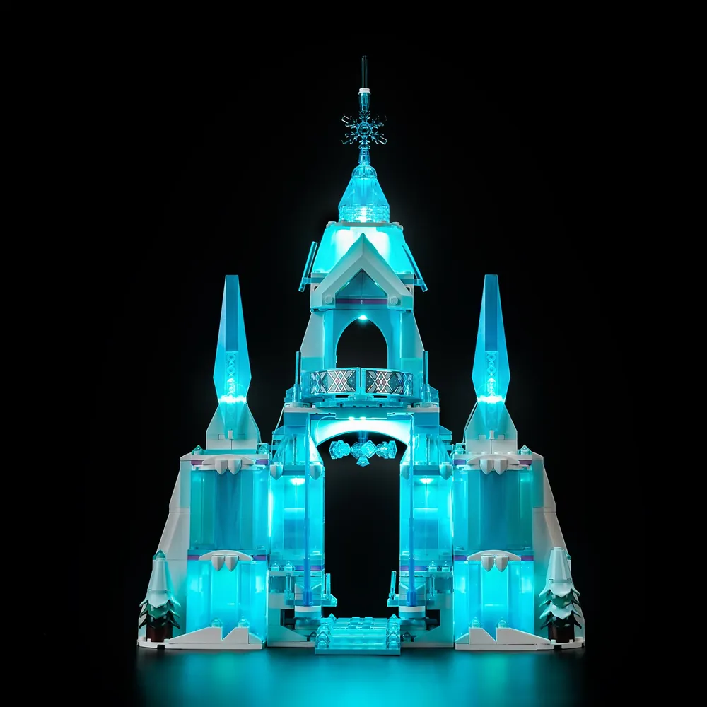 LEGO Elsa's Ice Palace 43244 with BrickBling micro-LEDs highlighting icy blue facade