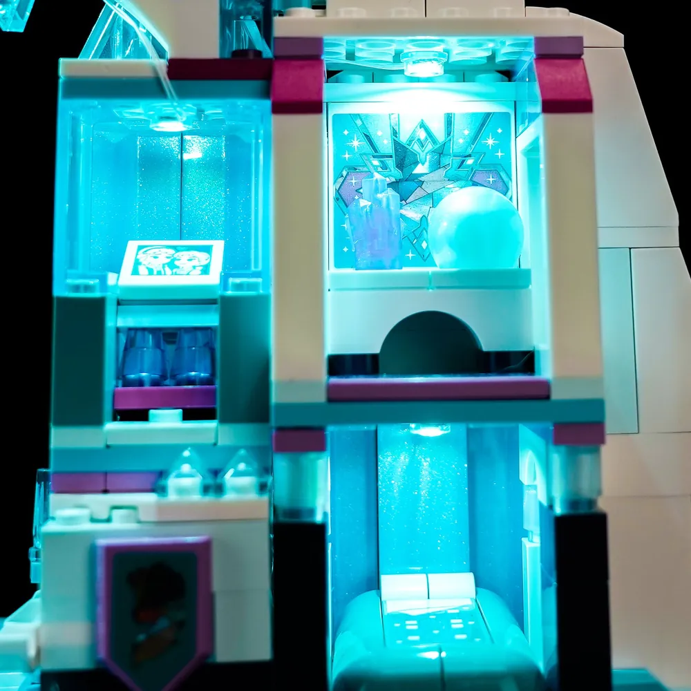 Close-up of BrickBling micro-LED modules on LEGO Ice Palace spires