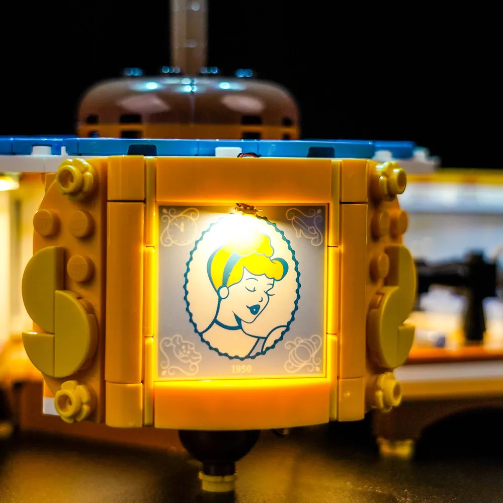 Close-up of BrickBling micro-LEDs on LEGO Cinderella's Dress sewing station detail
