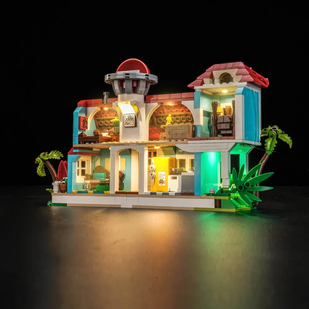 Bright and cozy LEGO beach house with BrickBling lights