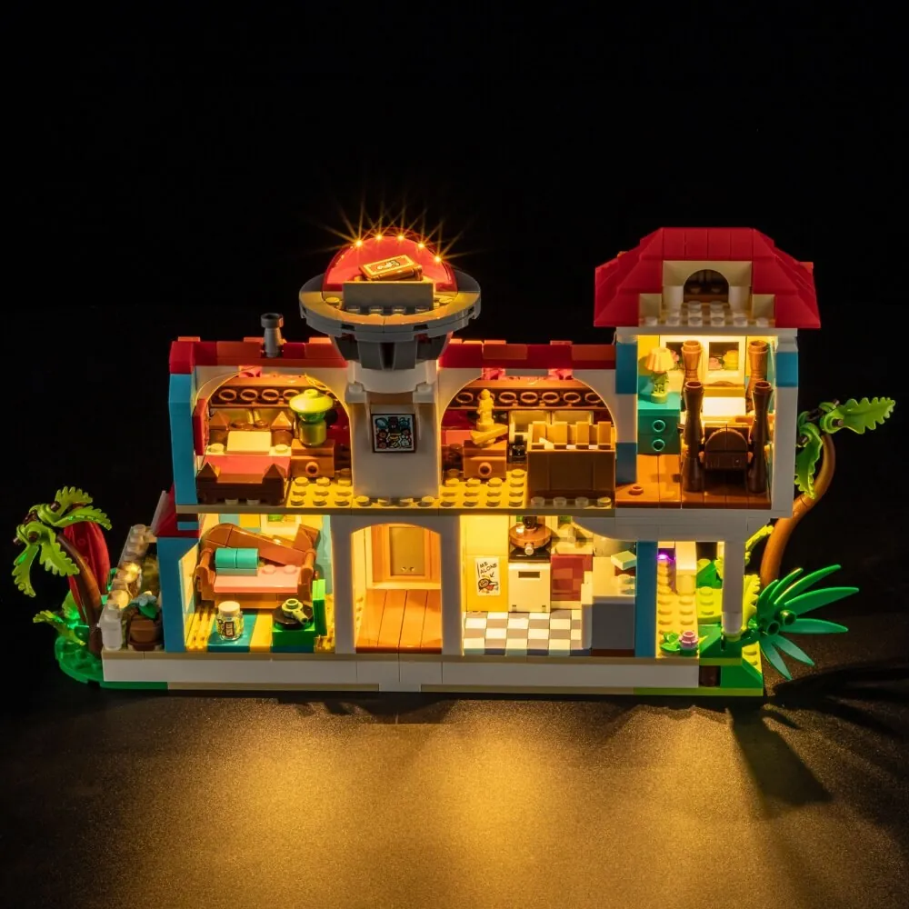 Bright LEGO beach house with Lightailing lights
