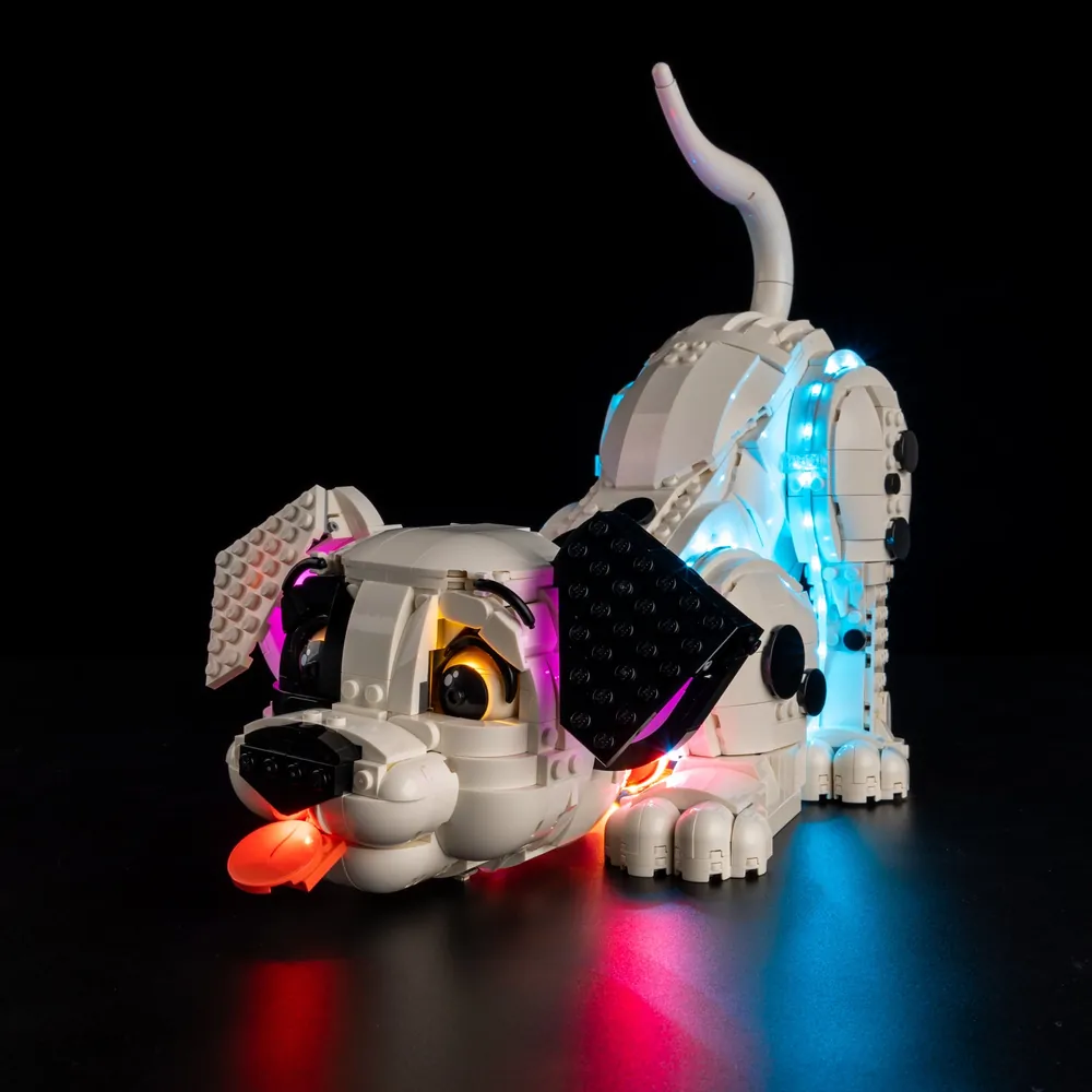 Game of Bricks premium LED kit showcase on LEGO puppy in sitting pose