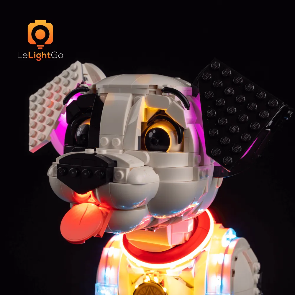 LeLightGo modular micro-LEDs illuminating the LEGO puppy's playful pose