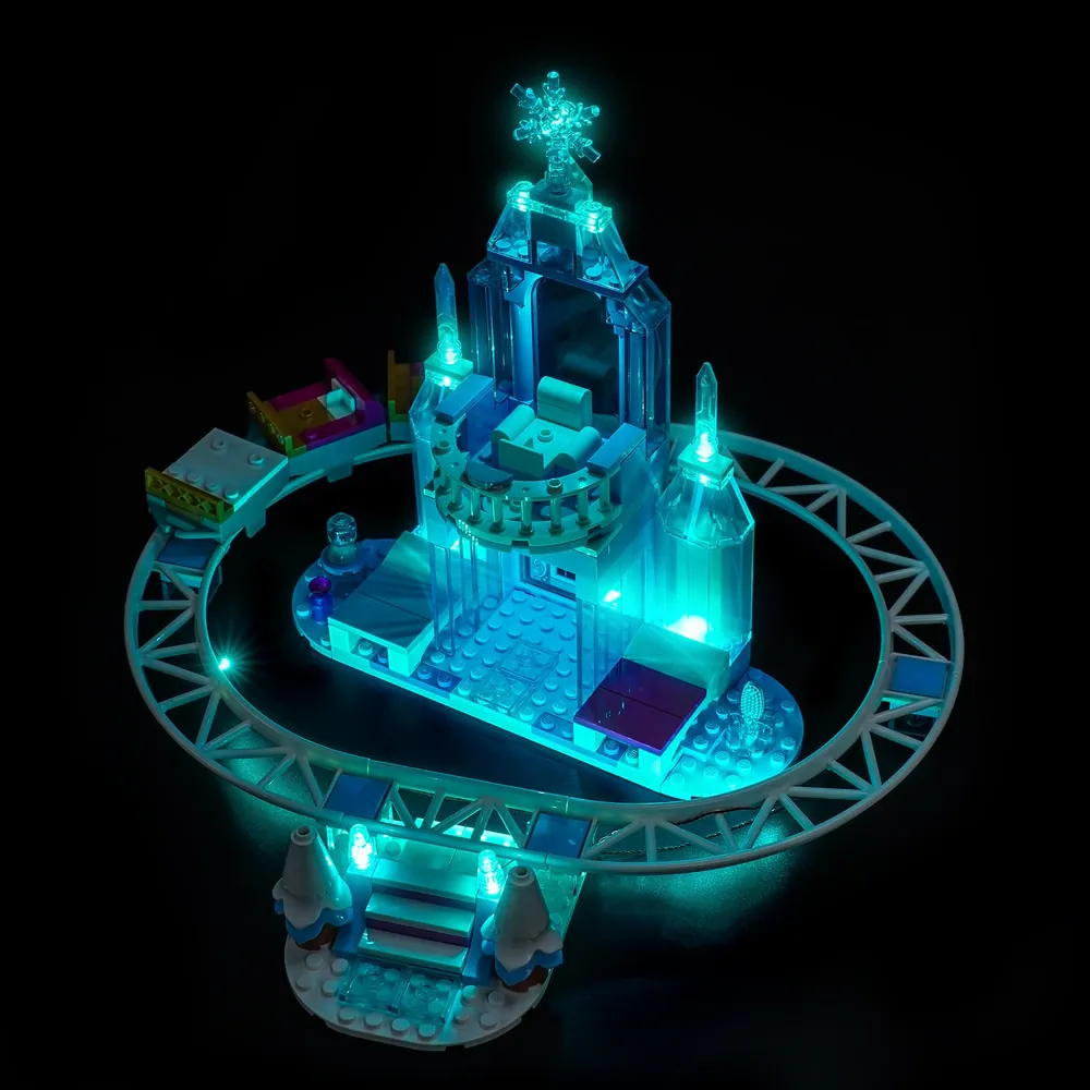 BrickBling light kit for LEGO Elsa's castle showing glowing interior and minifigures