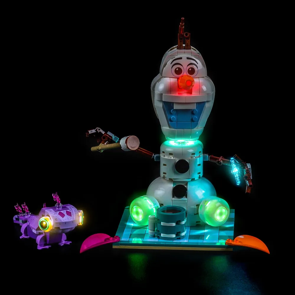 BrickBling LED kit lighting up LEGO Olaf's coffee and snowflake
