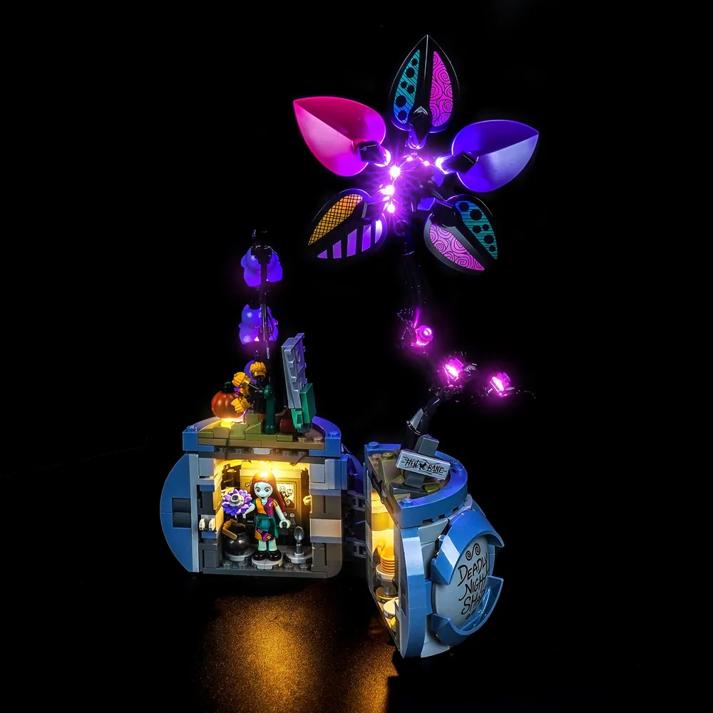 BrickBling LED kit installed on LEGO Sally's Flowerpot showing ambient glow