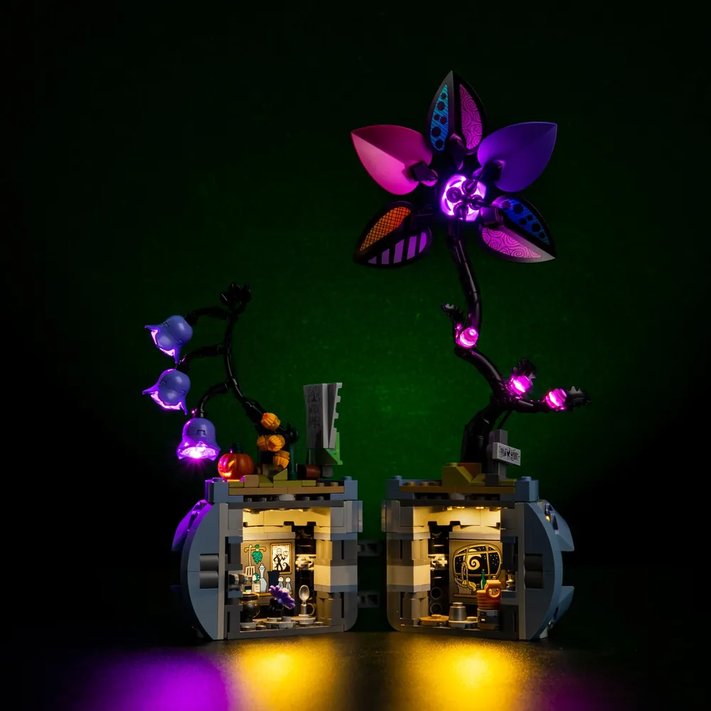 Game of Bricks LED kit illuminating LEGO Sally's Flowerpot with bright, even glow