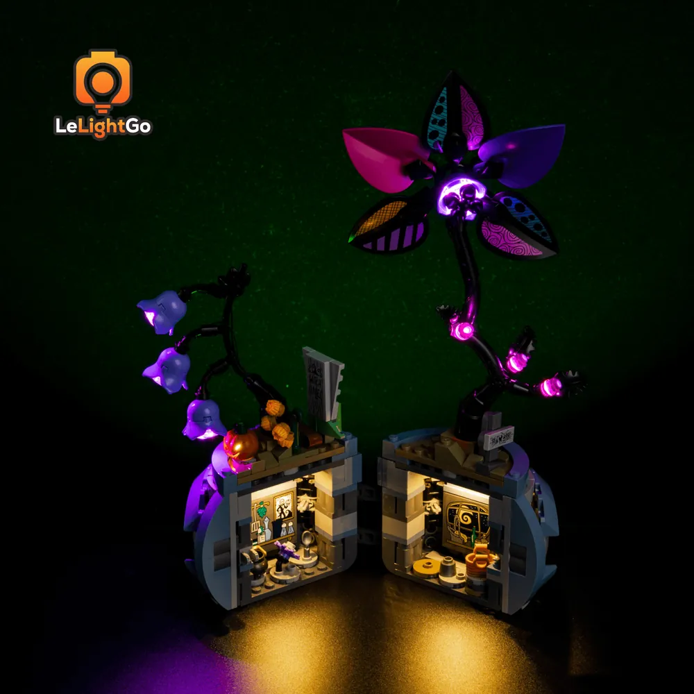 LeLightGo LED kit highlighting the flower details on LEGO Sally's Flowerpot
