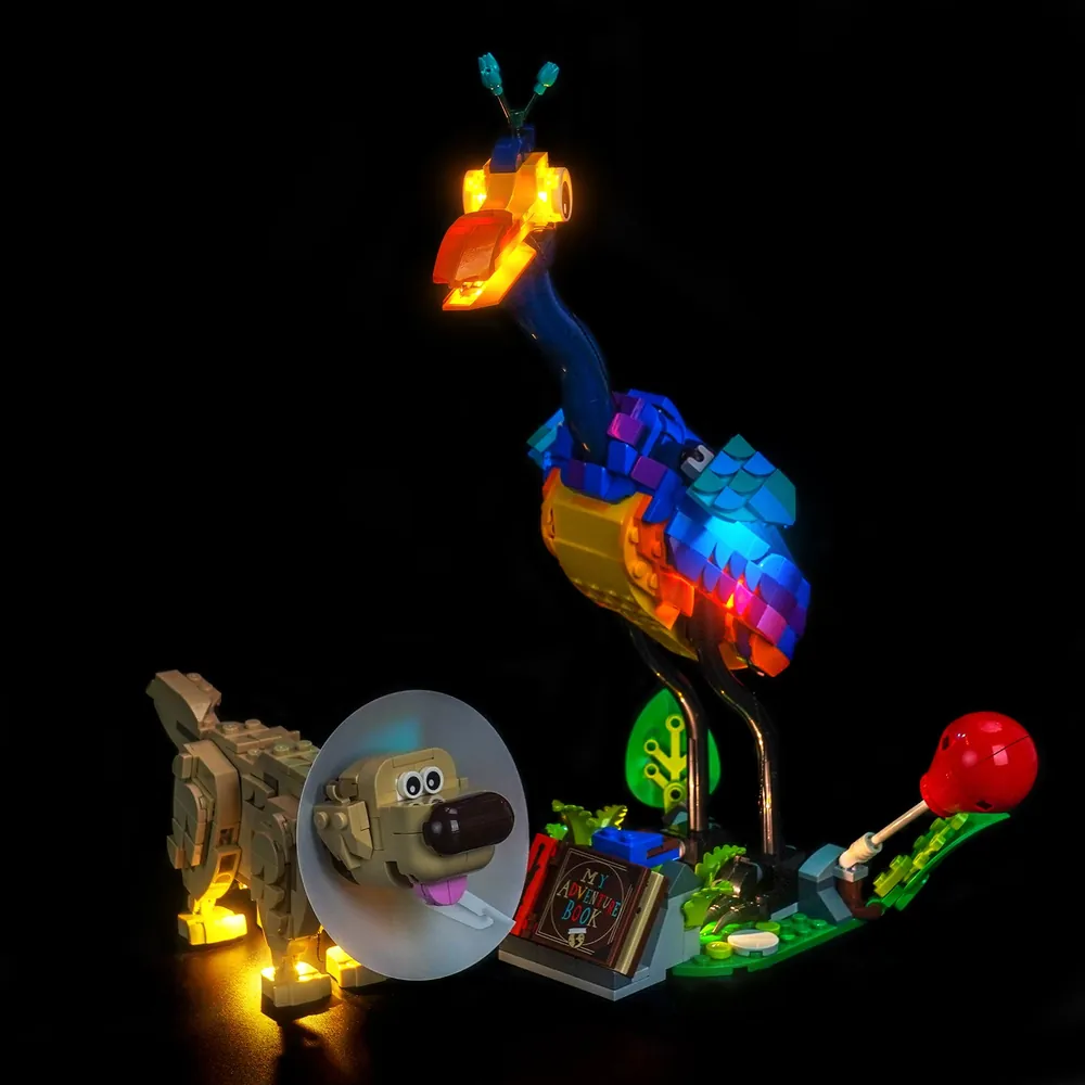 BrickBling light kit illuminating LEGO Kevin's colorful feathers