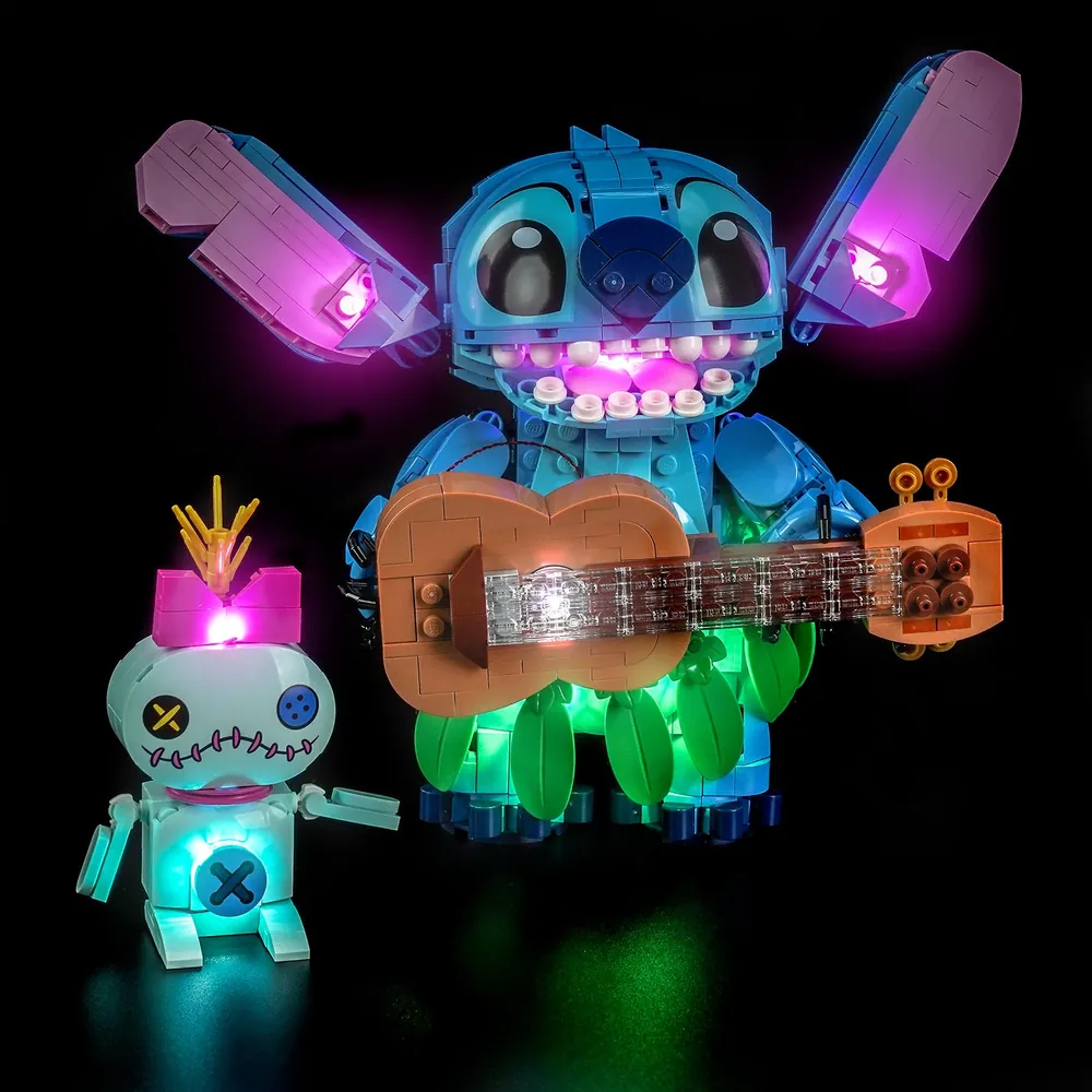 BrickBling LED kit for LEGO Stitch and Scrump illuminating the character in dark azure and light aqua