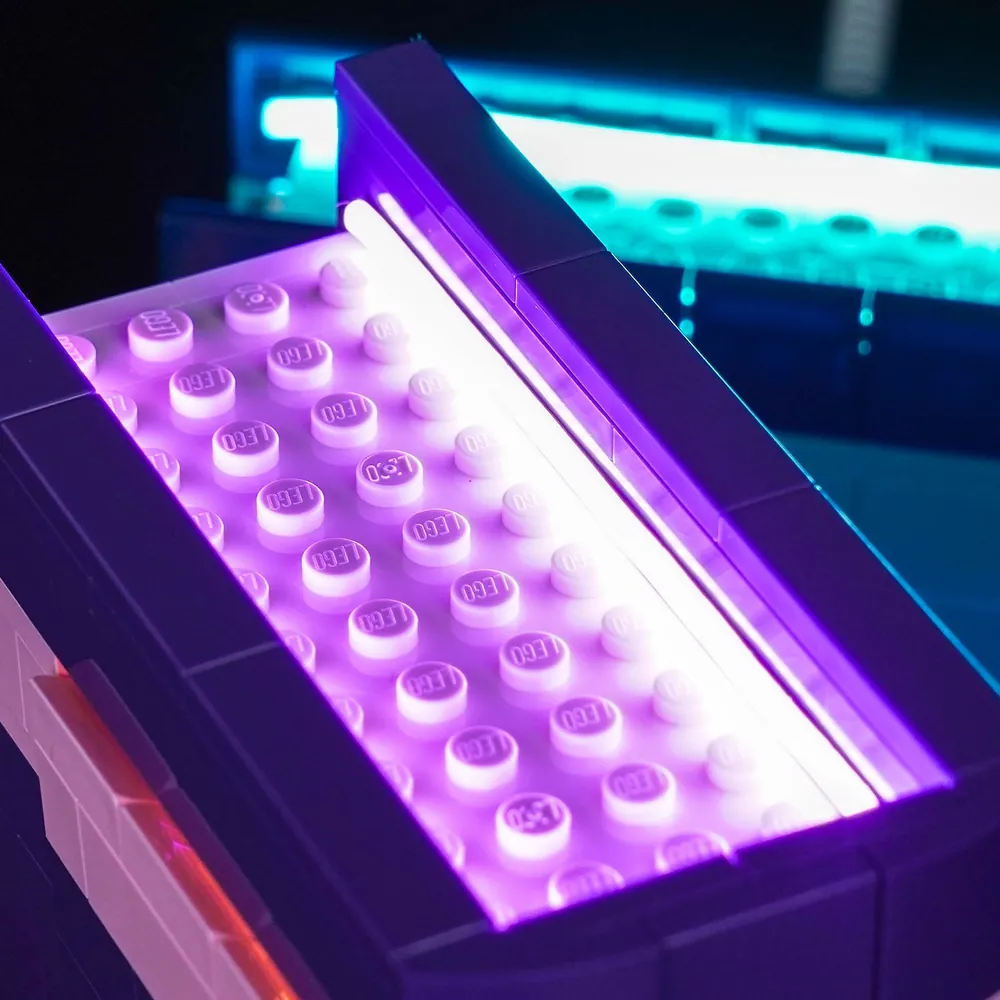 Close-up of BrickBling modular micro-LEDs on Slinky Dog Bookends