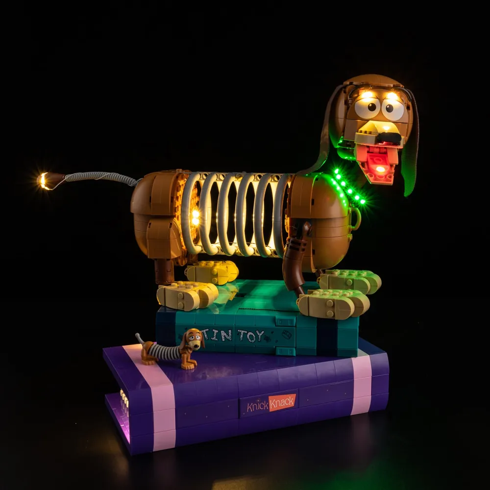 Game of Bricks light kit illuminating LEGO Slinky Dog Bookends display