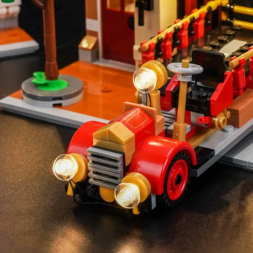 Close-up of BrickBling micro-LEDs on LEGO Main Street building