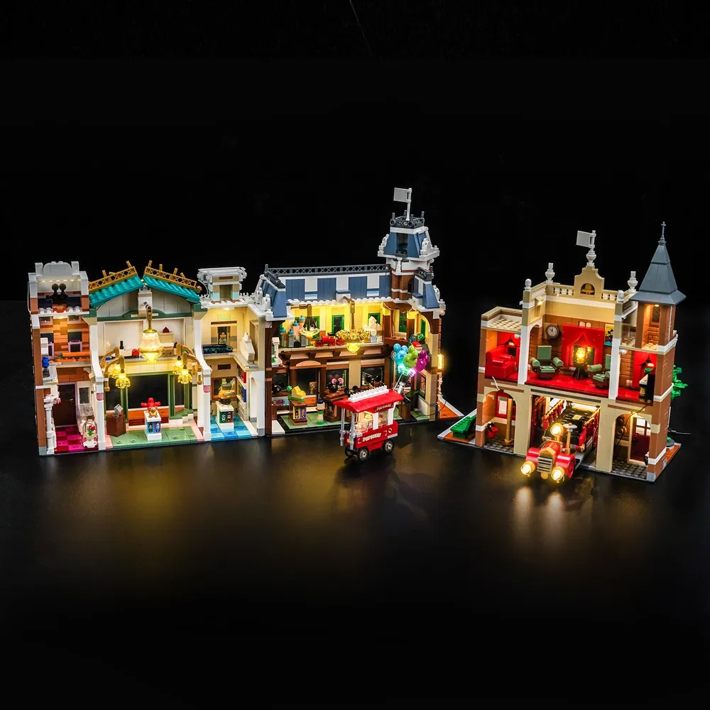 LEGO 43302 Main Street with BrickBling lighting showing multiple zones