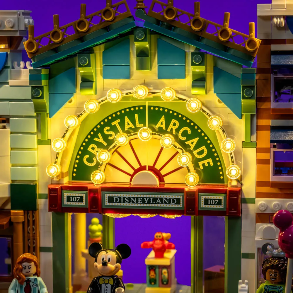 Elegant lighting effect on LEGO Main Street from LightMyBricks kit