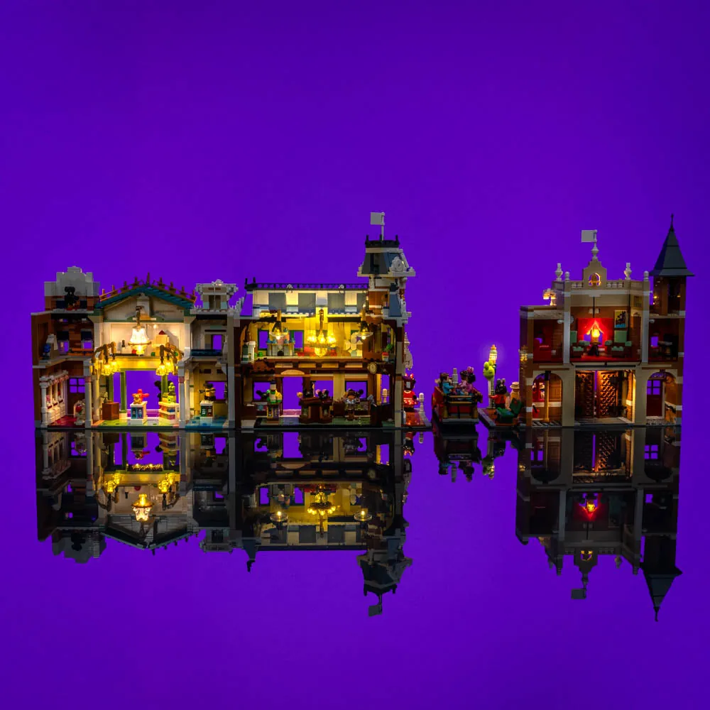 LEGO 43302 Main Street with LightMyBricks lighting in a display