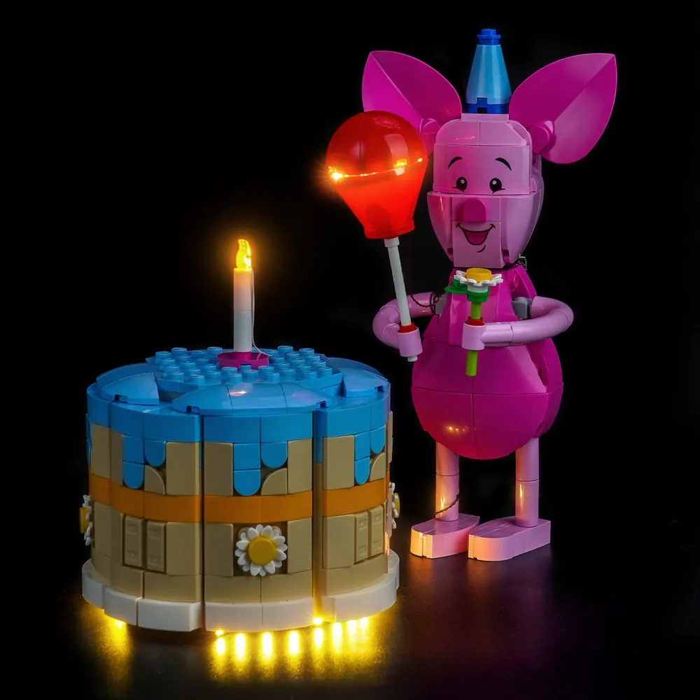 BrickBling LED kit for LEGO Disney Piglet's Birthday Fun 43305 illuminating the birthday table and candles