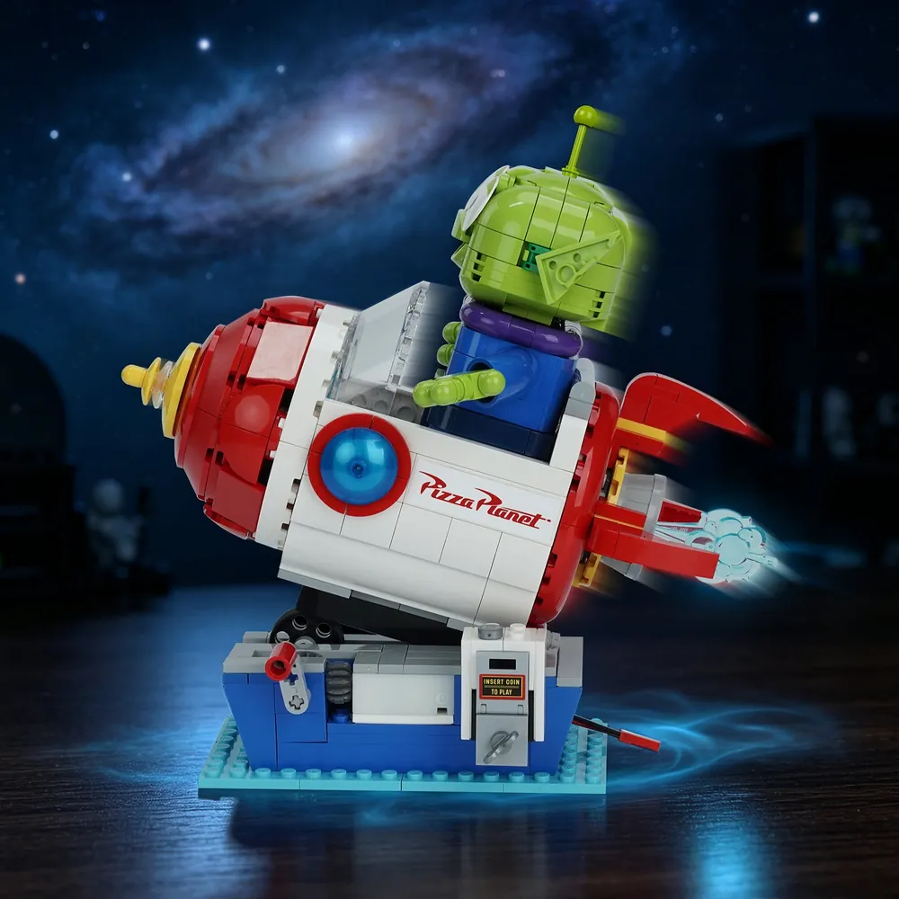 BrickBling LED kit for LEGO Alien with Pizza Planet Rocket Ride, premium micro-LEDs illuminating the arcade