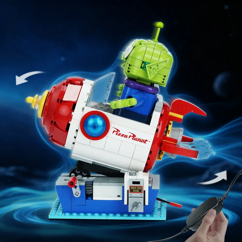 Close-up of BrickBling modular micro-LEDs on the LEGO Alien rocket