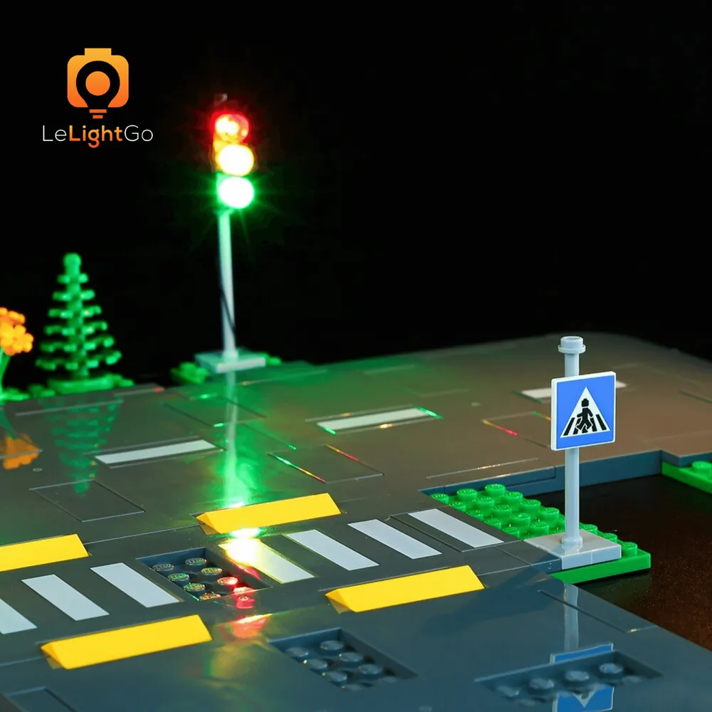 LEGO City street scene with LeLightGo lights enhancing the road plates
