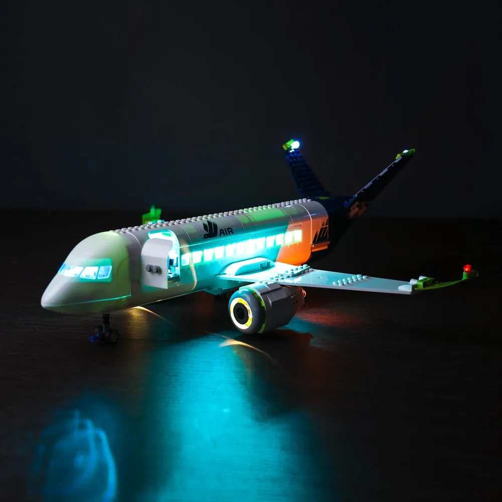 BrickBling LED kit illuminating the LEGO Passenger Airplane 60367 cabin and exterior