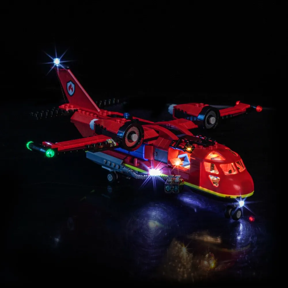 LEGO Fire Rescue Plane 60413 with BrickBling lighting kit glowing cockpit and engines