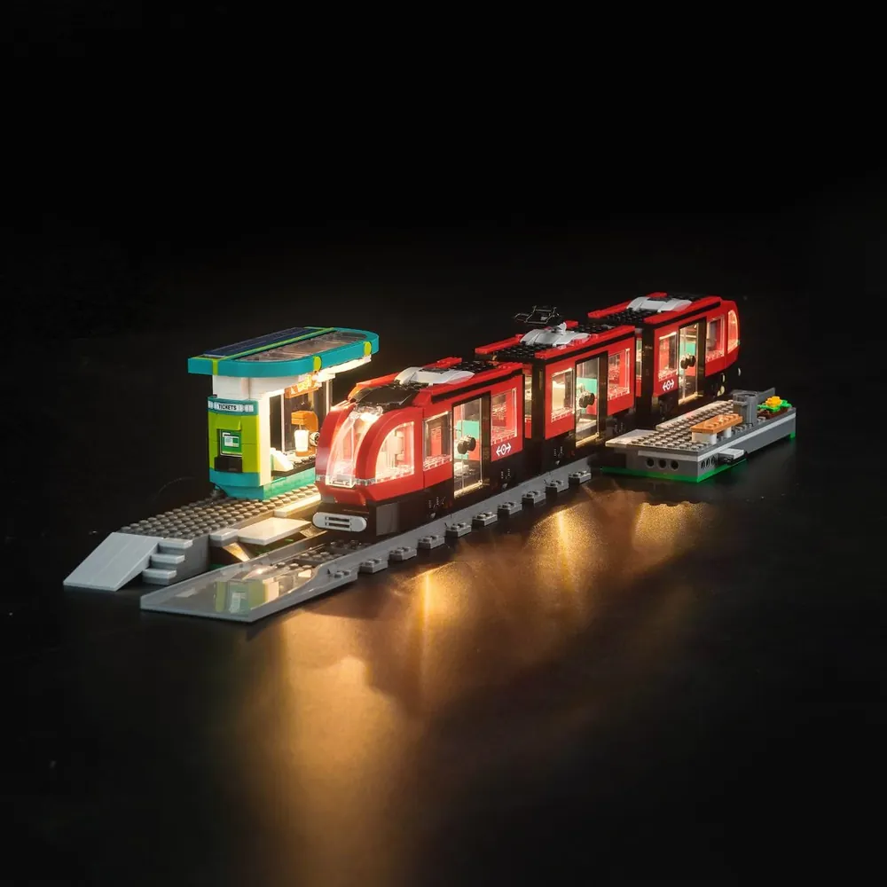 BrickBling LED kit for LEGO 60423 Downtown Streetcar illuminating the red streetcar and platform