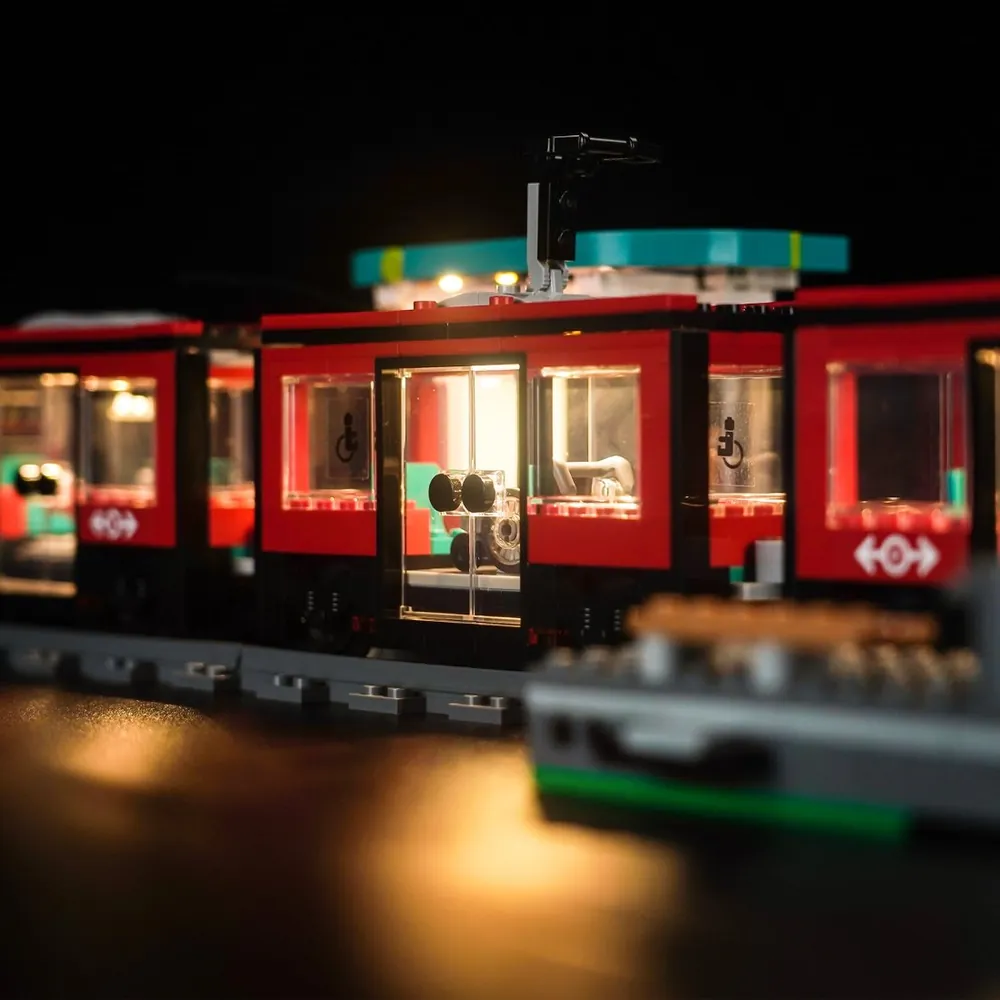 BrickBling micro-LEDs close-up on LEGO Streetcar 60423 showing modular wiring