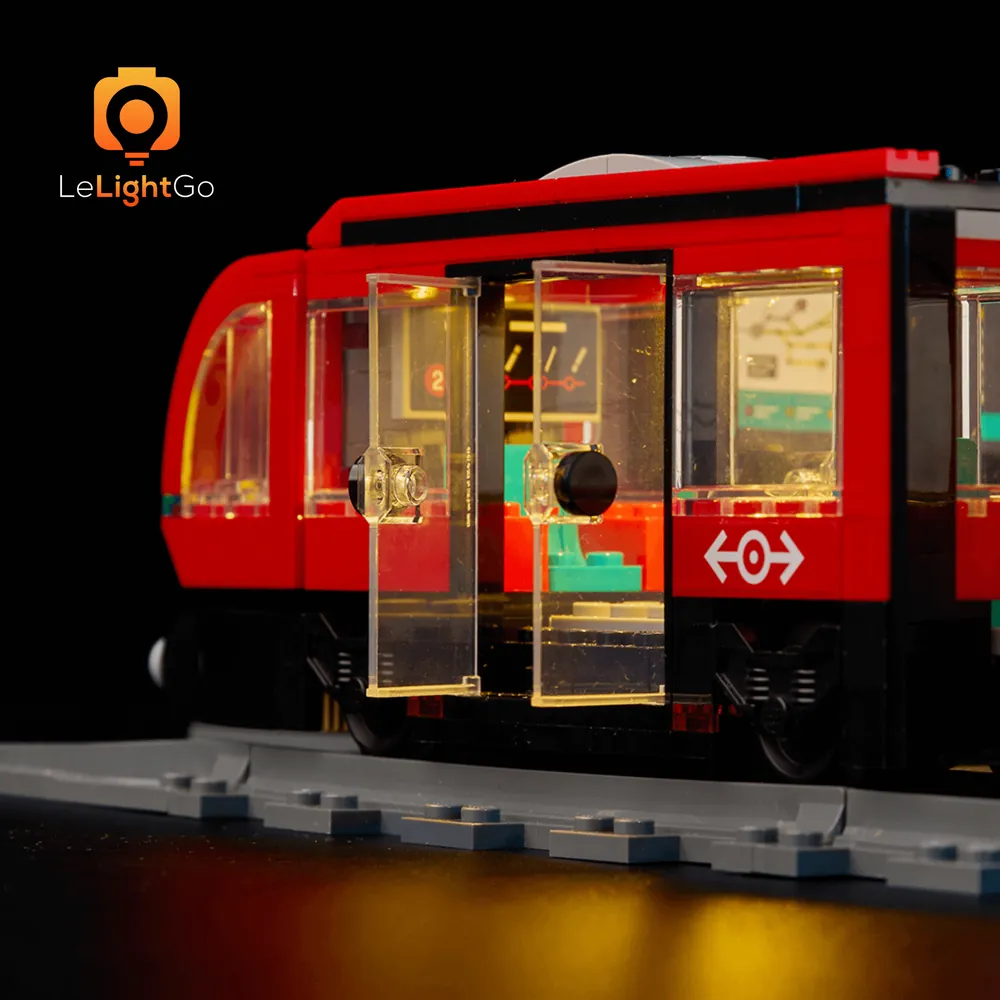 LEGO 60423 streetcar with LeLightGo lights, showing platform and track glow